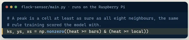 Code from flock-sensor/main.py: a peak is a cell at least as sure as all eight neighbours, the same rule training scored the model with.
