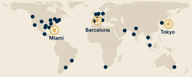 A world map of the cities Starling learned from, with Miami, Barcelona and Tokyo circled.