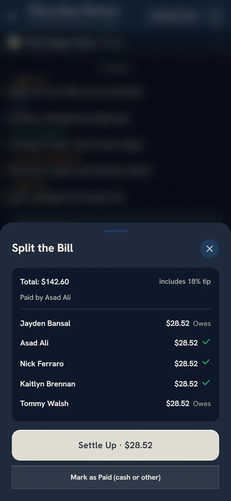 Split the Bill: $142.60 with an 18% tip, paid by Asad Ali, $28.52 each for five people.