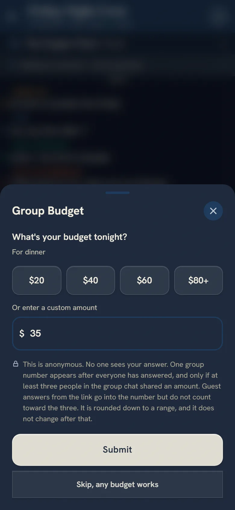 The budget sheet: preset amounts, a custom $35, and a note that no one else sees the answer.