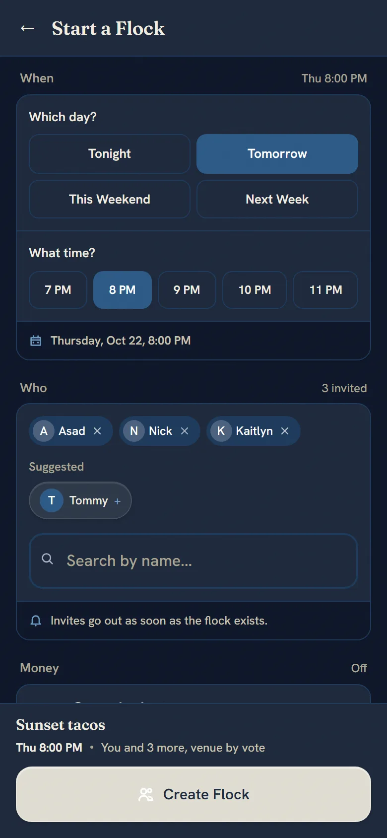Starting a flock: which day, what time, and three friends invited.