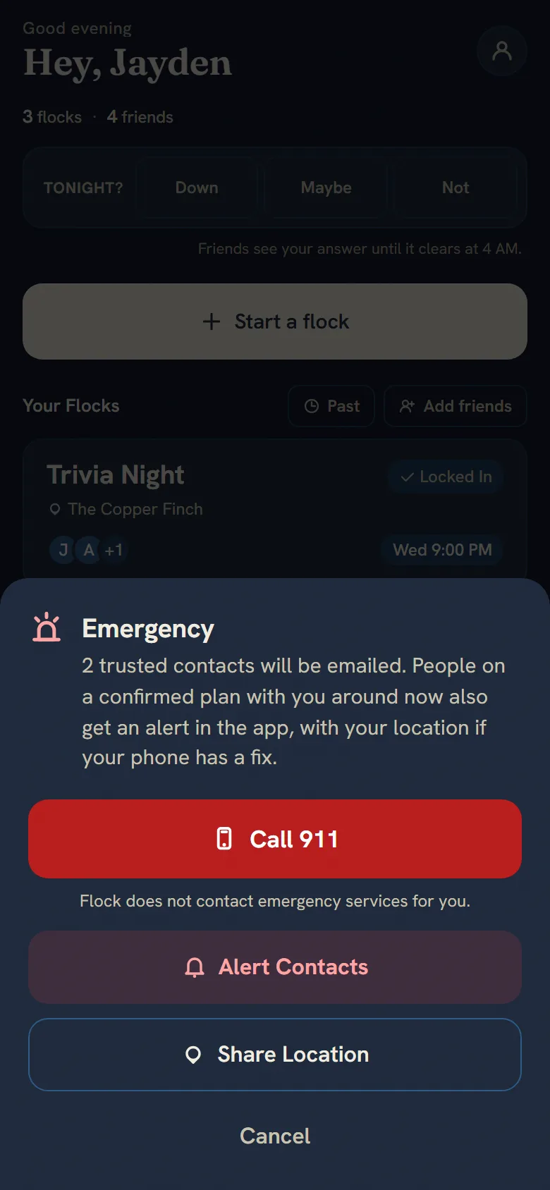 The SOS sheet: call 911, alert two trusted contacts by email, or share your location.