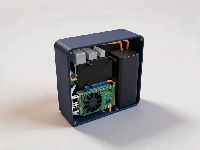 A mockup of the planned Flux build with its back sheet off: the back of the 7 inch screen, the battery standing on its end, the Raspberry Pi 5 with its cooler fan, the ports along the top and orange power cables between them.