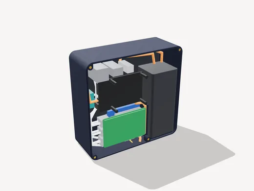 The same view in the CAD: the Flux body from behind with the back sheet off, showing the screen, battery, Raspberry Pi and cables.